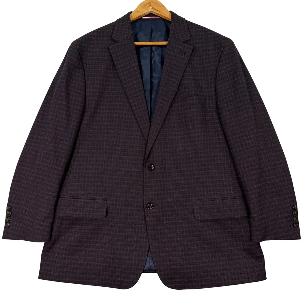 NEW Tommy Hilfiger Mens 46R Blazer Maroon Blue Plaid Micro Check 2 Button Jacket